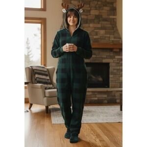 PJ Place Women's Hooded Union suit Small Spruce Plaid Winter Pajamas cabincore